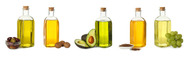 Vegetable fats. Different cooking oils and ingredients isolated on white, set