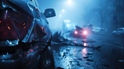 A car accident scene on a foggy night illustrates the tragic consequences of reduced visibility and the uncertainty it can bring to our lives.