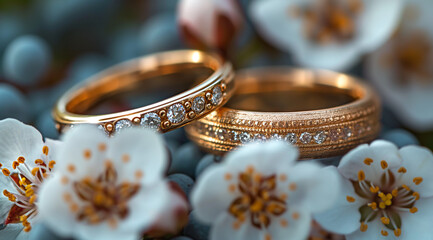 Obraz na płótnie Canvas A pair of wedding rings and white flowers