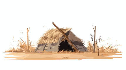 Poor village hut or shelter of straw and reeds vect - obrazy, fototapety, plakaty