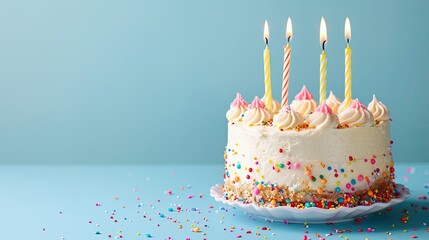 Five Years Young: Celebrating with a Colorful Birthday Cake on Pastel Blue Background with Room for Your Message