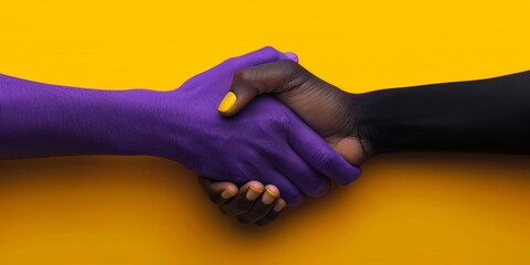 Colorful handshake on yellow background - Two hands engaging in a handshake, one painted purple and the other black against a vibrant yellow backdrop, symbolizing unity and diversity