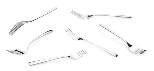 Shiny silver forks isolated on white, set