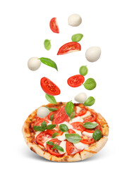 Caprese pizza and ingredients in air on white background