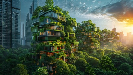 Obraz premium Conceptual Eco-Friendly Skyscraper Design - A futuristic vision of a green skyscraper with lush vegetation, representing sustainable urban living and architecture