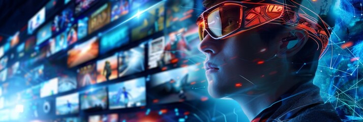 Futuristic concept of media streaming and VR - A concept art of virtual reality blending with diverse media streaming services against a high-tech background