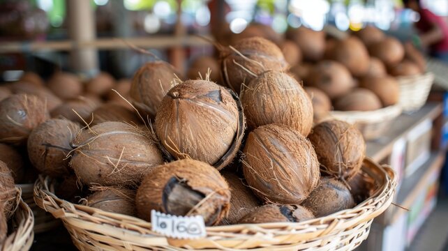 Fresh coconuts displayed in a basket - A vibrant image showcasing a basket full of brown, husked coconuts on sale at a local market, emphasizing freshness