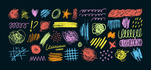 Colorful Crayon Pencil Scribble Textures and Shapes. Children's Charcoal Doodle Scratches. Vector