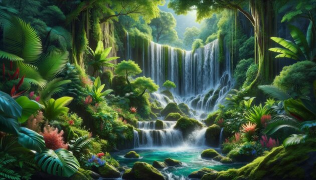 Vibrant Jungle Waterfall Paradise with Lush Vegetation and Exotic Flowers, Hand-Painted Art Illustration for Adventure and Tropical Concepts
