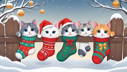 Christmas card with socks and cats | Cute postcard with gift socks, fence, snow and funny cats
