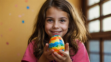 Fototapeta na wymiar Girl holding a decorated easter egg in her hand
