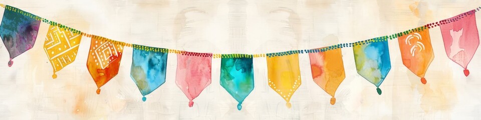 Watercolor painting featuring a vibrant string of colorful feathers in a minimalist style. Cinco de Mayo theme.Banner. Copy space.