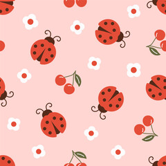Ladybug with cherry and flower seamless pattern. Kid design. Vector illustration. - 763660178
