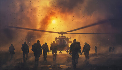 Soldiers Approaching Chopper at Sunset
 - obrazy, fototapety, plakaty