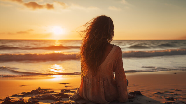 Pensive Woman on Sand Watching Ocean Sunset