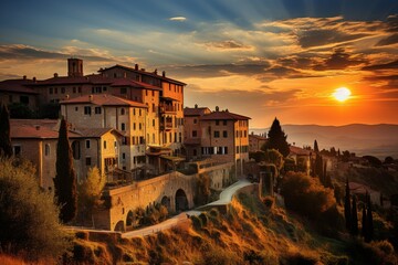 Enchanting tuscan sunset casting warm glow over picturesque vineyards in an artistic vision