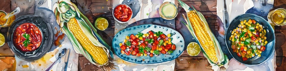 Watercolor painting of corn on the cob on a festive table for Cinco de Mayo celebration. Banner. - obrazy, fototapety, plakaty