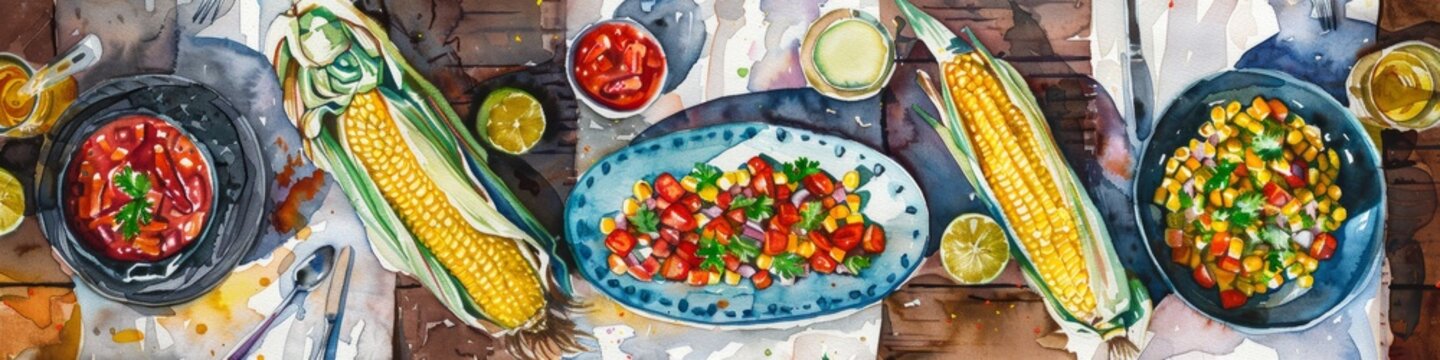 Watercolor painting of corn on the cob on a festive table for Cinco de Mayo celebration. Banner.