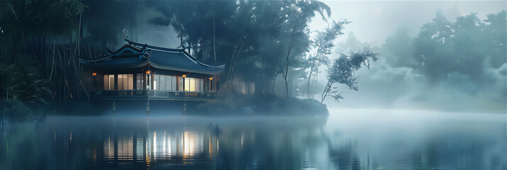 Foggy morning on the calm lake with Asian traditional house