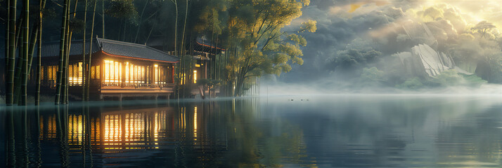 misty morning on the calm lake with Asian traditional house