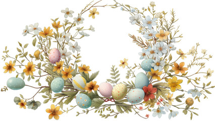 Obraz na płótnie Canvas Charming easter background featuring colorful easter eggs and daisies forming a wreath. Beautiful 8k nature-inspired illustration perfect for themed greeting cards, banners, and festive backdrops.