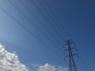 Fototapeta premium pole electric wires with blue sky cloud background. Electric wires with cloud sky background.