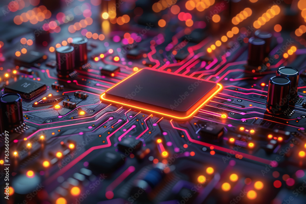 Poster a grayscale circuit board evolving into a network of colorful connections, symbolizing the intricate