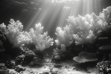 A monochrome underwater scene transforming into a vibrant coral reef, showcasing the diversity of marine life. Concept of aquatic splendor. Generative Ai.
