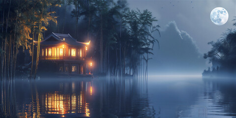 Foggy Night with moon over the lake with Asian traditional house and bamboo trees