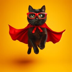 Very funny black cute cat wearing red and yellow background