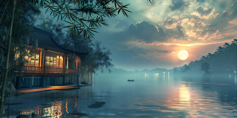 Misty morning with moon over the lake with Asian traditional house and bamboo trees