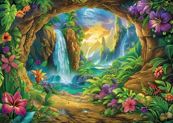 Obraz na płótnie Canvas Fantasy Waterfall View through a Floral Archway, Hand-Drawn Art Illustration for Children's Books and Whimsical Environments