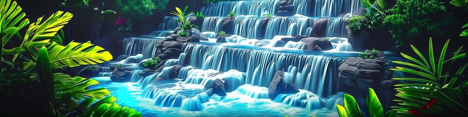Panoramic Jungle Waterfall with Luminous Blue Waters and Lush Foliage, Digital Art for Panoramic Wallpapers and Environmental Concepts