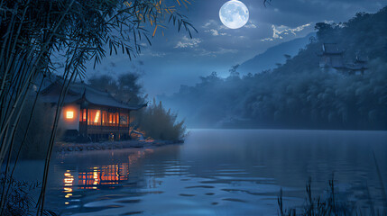 Night with moon over the lake with Asian traditional house and bamboo trees