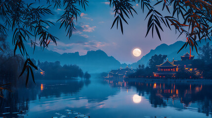 Night with moon over the calm lake with Asian traditional house and bamboo trees frame