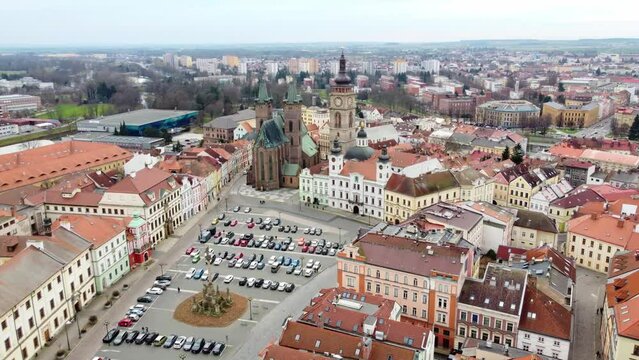 Bird's eye view of the Main Square Of Hradec Kralove With The Cathedral of the Holy Spirit In the Czech Republic.