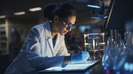 Medical Researcher Writing Notes in Laboratory - obrazy, fototapety, plakaty