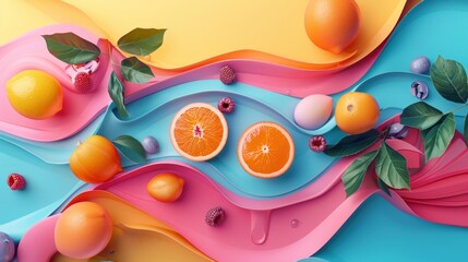 Vibrant abstract composition featuring citrus fruits and dynamic colorful waves, evoking a fresh and creative mood.