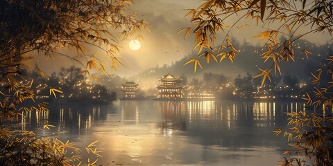 Scenic night over the river with Asian traditional house and bamboo trees frame