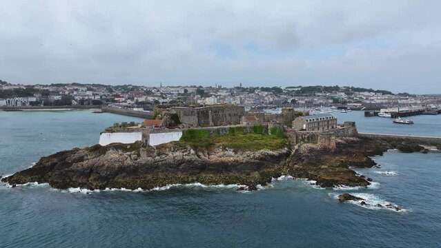 Drone Shot of Castle Cornet in Front of St. Peter Port Harbor, Guernsey, Channel Islands