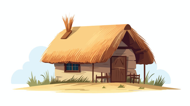 Small village hut with thatched roof flat vector