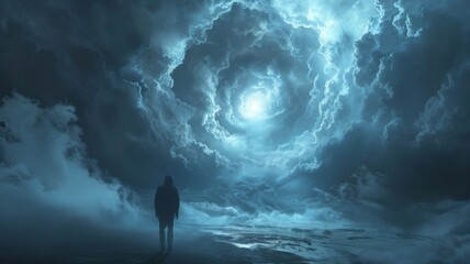 Person standing under celestial swirl - A lone figure stands beneath a vortex of clouds illuminated by a bright celestial body, evoking a sense of wonder and isolation - obrazy, fototapety, plakaty