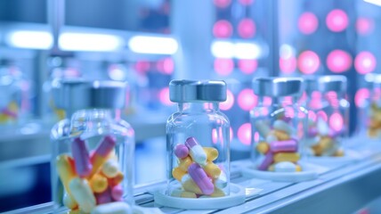 Pharmaceutical production line with pills - Precision pharmaceutical manufacturing line with an array of vials and colorful capsules in a bright, modern facility