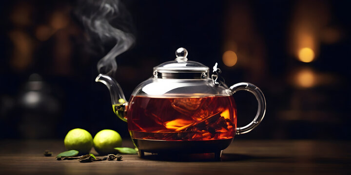  steamy transparent teapot with Leamon  tea