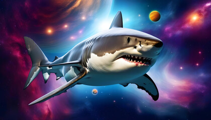 A digital art piece of a great white shark swimming in outer space with a nebula and planets