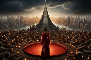 Man in red cloak surrounded by futuristic cityscapes  hyperdetailed concert poster design