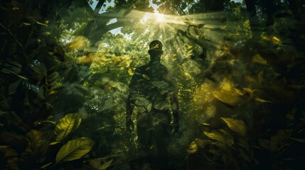 Obraz premium A green forest, the sun shines through the leaves, forming a colorful shadow, Forest Illsutration