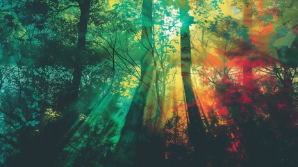 A green forest, the sun shines through the leaves, forming a colorful shadow, Forest Illsutration
