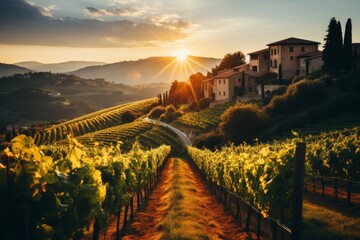 Tranquil tuscan vineyard  an artistic portrayal of warm evening glow over the picturesque vines - obrazy, fototapety, plakaty