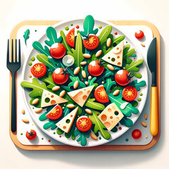 葉野菜のサラダのイラスト。食卓に置かれた皿の上のルッコラ,ミニトマト,チーズ,ナッツのサラダ